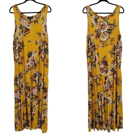 Suzanne Betro Sleeveless Scoop Neck Tiered Maxi Dress Mustard Floral Print Sz 1X - Picture 1 of 12